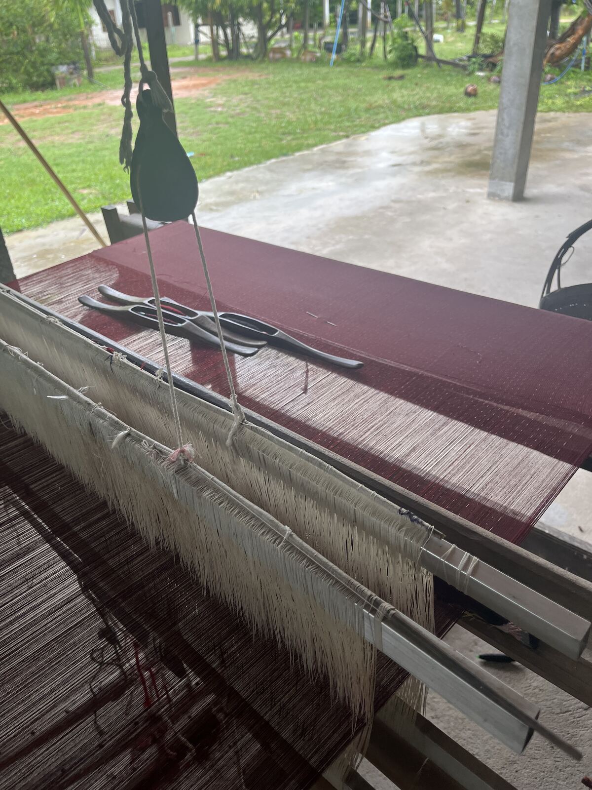 Dark red warp dressed on the loom, white fringe hanging, the yard bright beyond the shade